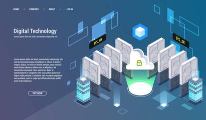 大數據處理、等距數據中心、矢量信息處理和存儲的概念。具有抽象幾何元素的創造性插圖